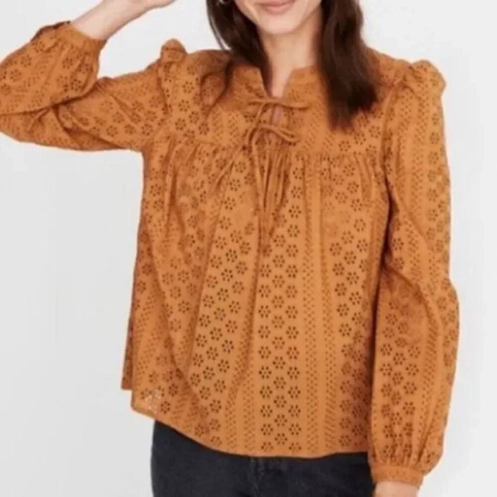 Madewell‎ Womens Size Small Eyelet Double Tie Peasant Top Blouse Carrot Cake